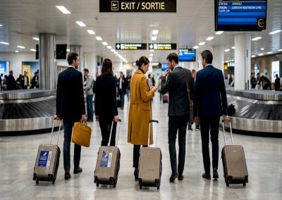Business travelers walking in Nice airport arrivals hall