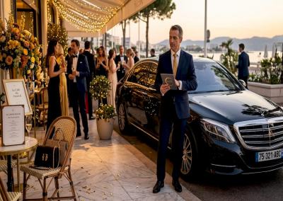 Chauffeur greets festival guests by luxury sedan
