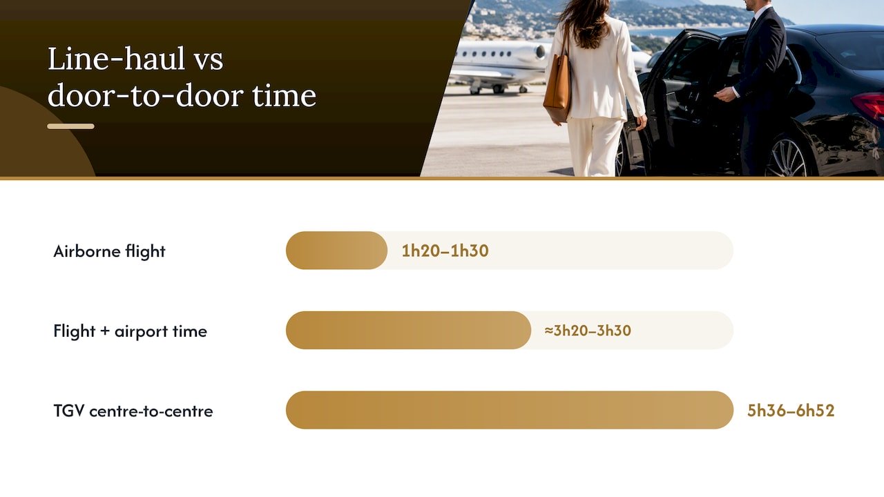 Line-haul vs door-to-door time: TGV, flights and night train compared — overview diagram